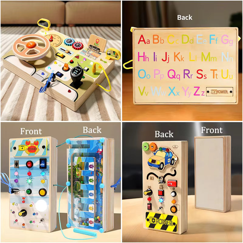 Montessori Busy Board Toy – LED Switch & Steering Wheel Sensory Activity for Kids