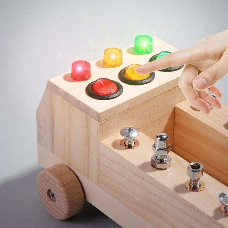 Wooden Montessori Busy Board – LED Switch & Tool Car Learning Toy