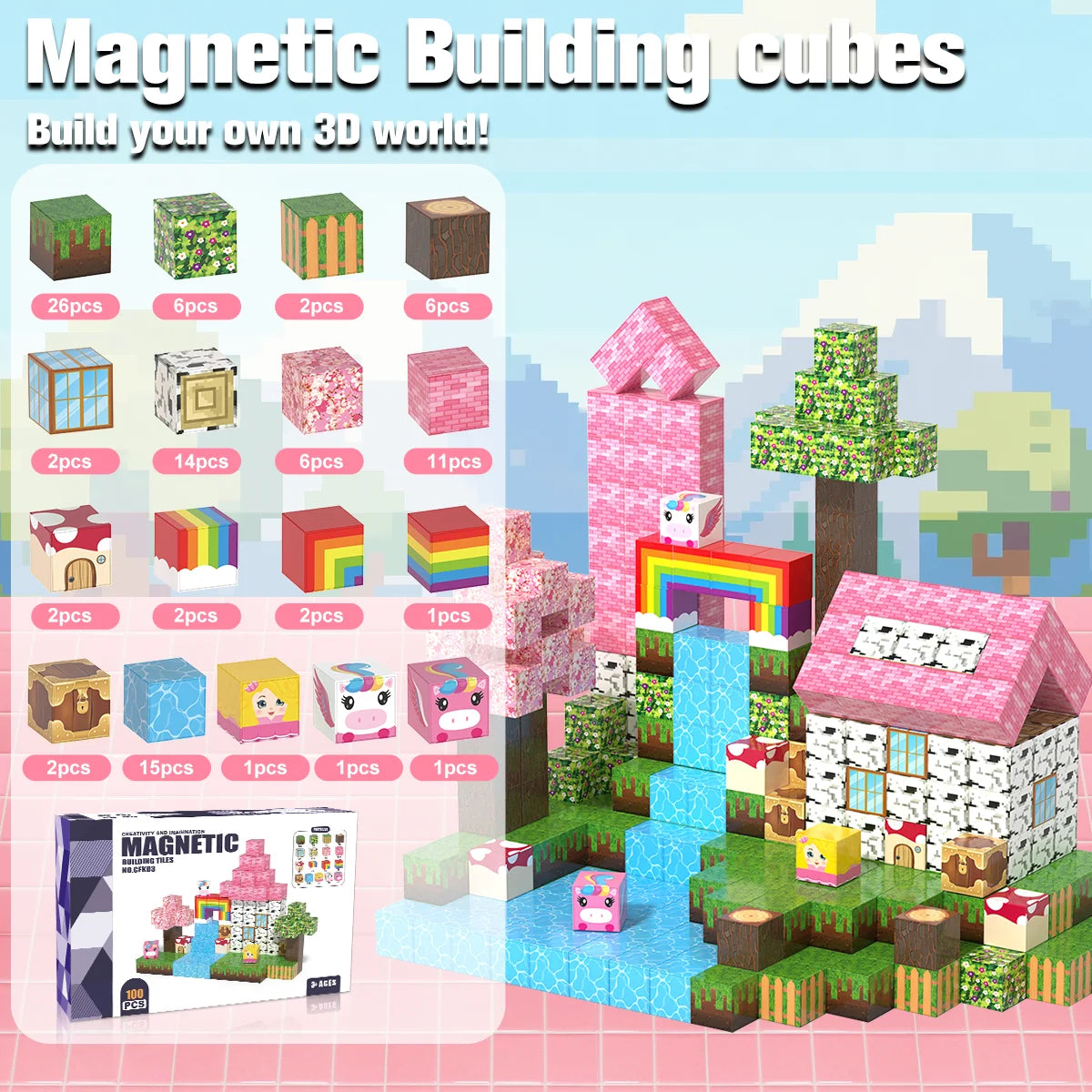 Rainbow Magnetic Blocks – STEM DIY Building Cubes Toy for Kids