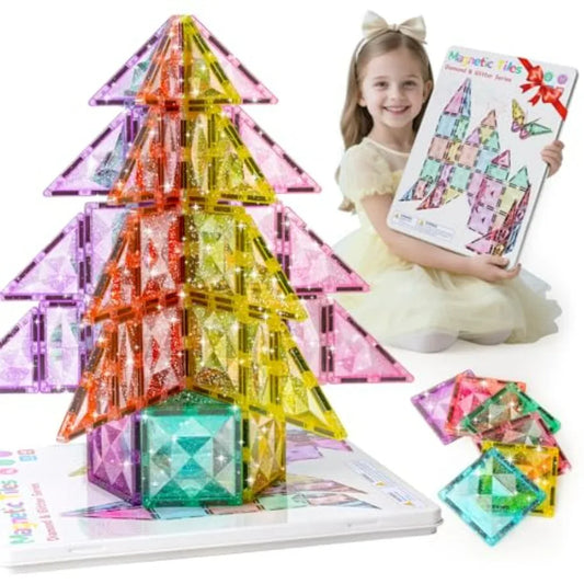 2-in-1 Magnetic Tile Road Set – 40PCS Blocks with Car & Glitter Tiles