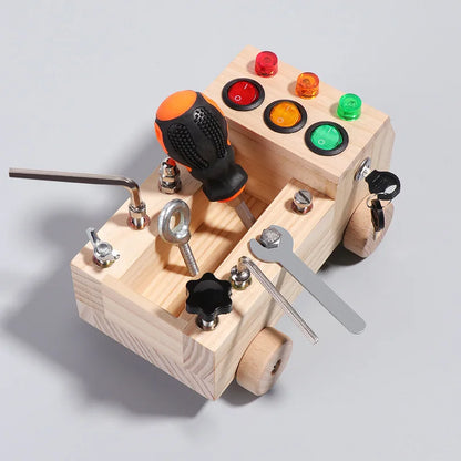 Wooden Montessori Busy Board – LED Switch & Tool Car Learning Toy