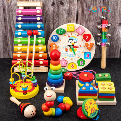 9-in-1 Wooden Montessori Musical Toys – Baby Sensory Rattle Drum Set