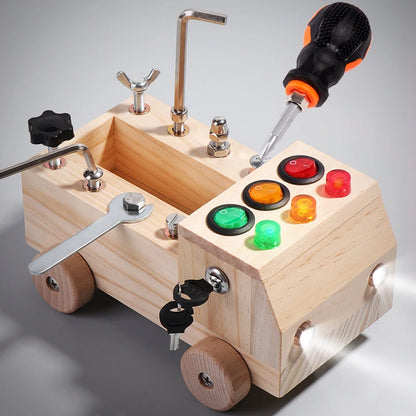 Wooden Montessori Busy Board – LED Switch & Tool Car Learning Toy