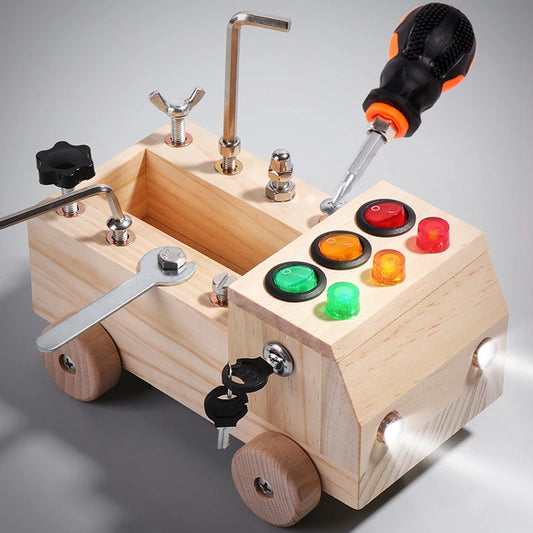 Wooden Montessori Busy Board – LED Switch & Tool Car Learning Toy