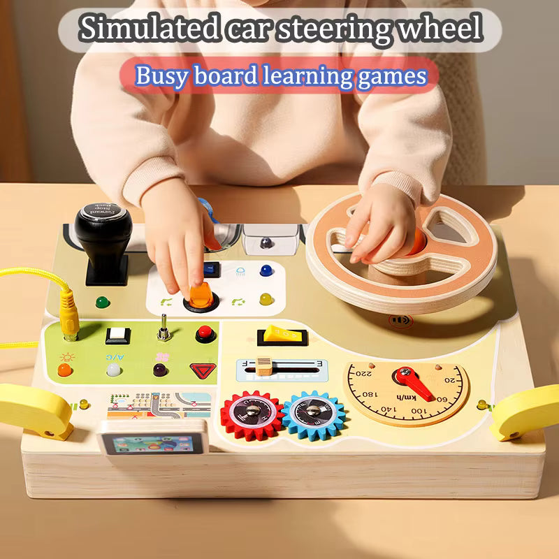 Montessori Busy Board Toy – LED Switch & Steering Wheel Sensory Activity for Kids